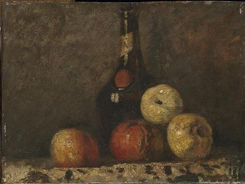 NATURE MORTE, POMMES ET BOUTEILLES ; AU REVERS PORTRAIT D'HOMME_0