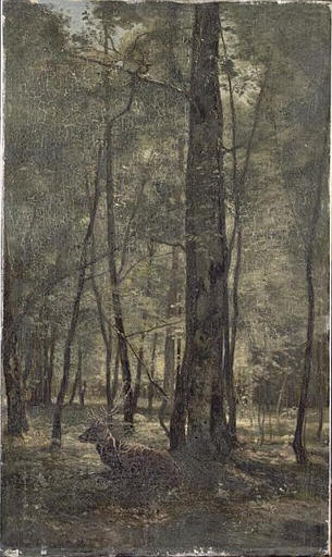 FONTAINEBLEAU ; CERF AU REPOS SOUS UNE FUTAIE, Eugène Antoine Lavieille, 1873