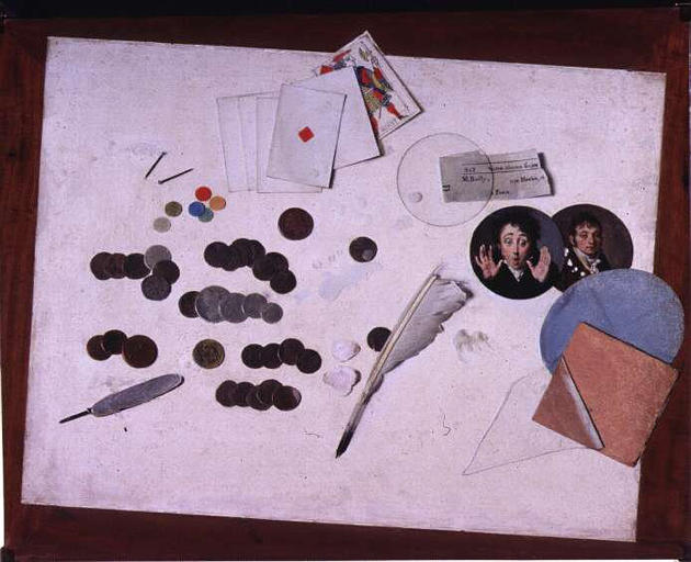 Trompe-l'oeil aux pièces de monnaies, sur le plateau d'un guéridon_0