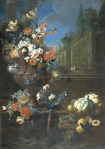 VASE, FLEURS, FRUITS ET PERROQUET_0