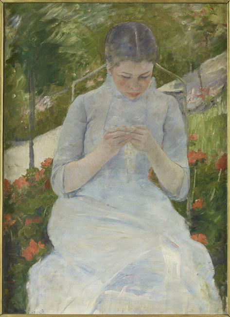 FEMME COUSANT ; dit aussi JEUNE FILLE TRAVAILLANT OU FEMME COUSANT DANS UN JARDIN_0