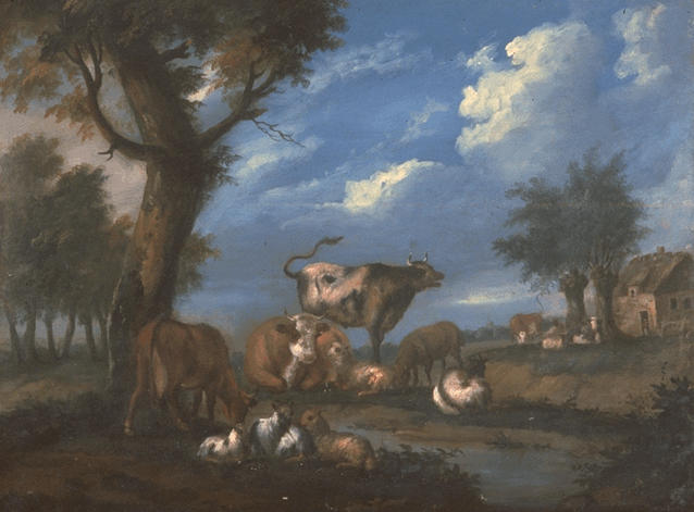 PAYSAGE OMBRAGE AVEC UN TROUPEAU DE CHEVRES, DE VACHES ET DE MOUTONS_0