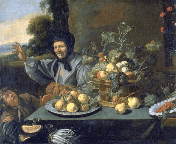 Une vieille femme défendant son étal de fruits d'un jeune chapardeur ; Marchande de fruits (autre titre) ; Vieille femme gardant ses fruits contre un enfant (autre titre)_0
