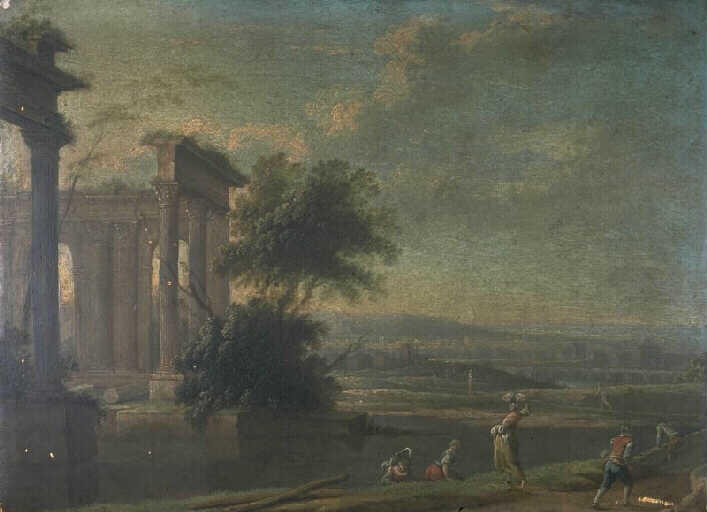 PAYSAGE AVEC FIGURES, RUINES A GAUCHE, Pierre Patel, 18e siècle