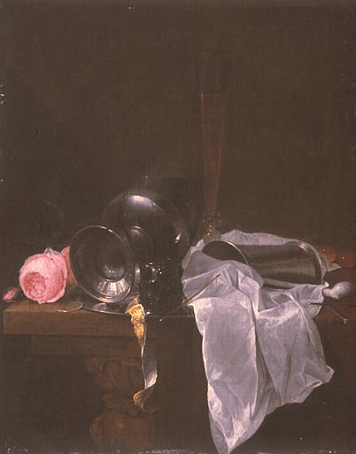 Roses, coupe et timbale avec deux verres sur une table ; Nature morte à la rose (autre titre)_0