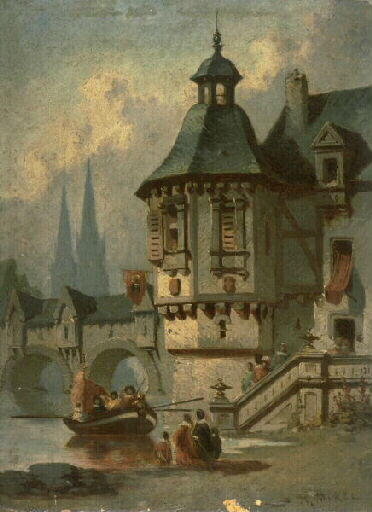 Vue de ville, bord d'un canal H. 28.7 ; L. 21.2, Antoine Alexandre Morel, 19e siècle