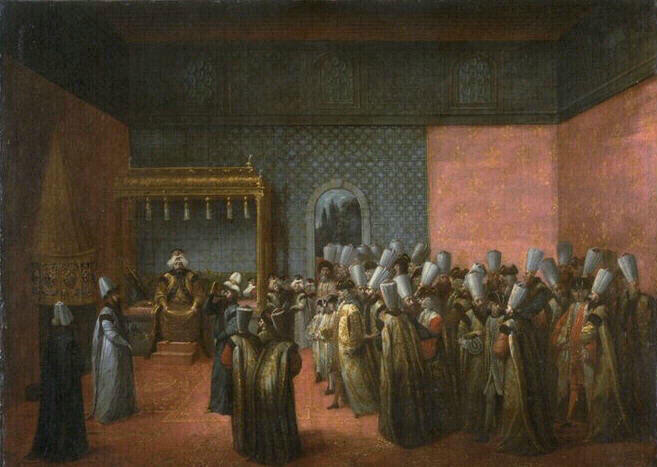 Réception de l'Ambassadeur de France, le vicomte d'Andrezel, par le Sultan Ahmed III, le 17 octobre 1724, à Constantinople : l'audience du Sultan ; Réception des ambassadeurs français chez les Turcs (ancien titre) ; Réception de M. de Guilleragues, 1760 (ancien titre) ; Réception de M. de Nointel par Mohamed IV en 1671 (ancien titre) ; Réception d'un ambassadeur de Grande-Bretagne sous Georges II (ancien titre)_0