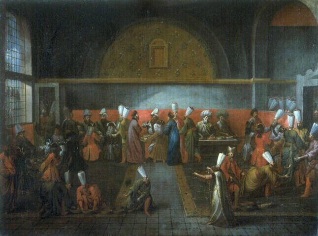 Réception de l'Ambassadeur de France, le vicomte d'Andrezel, par le Sultan Ahmed III, le 17 octobre 1724, à Constantinople : le dîner offert par le Grand Vizir Ibrahim Pacha ; Repas qui suit la réception des ambassadeurs Français chez les Turcs (ancien titre) ; Repas qui suit la réception de M. de Guillergues, 1670 (ancien titre) ; Repas qui suit la réception de M. de Nointel par Mohamet IV en 1671 (ancien titre) ; Repas offert à un ambassadeur de Grande-Bretagne sous Georges II (ancien titre)_0