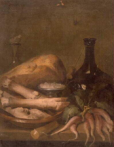 NATURE MORTE, PAIN, NAVETS, BOUTEILLE_0