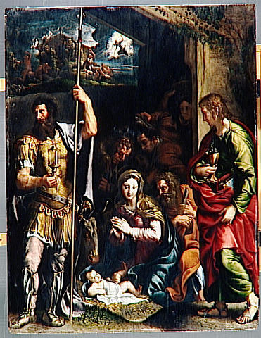 LA NATIVITE DE L'ENFANT JESUS AVEC L'ADORATION DES BERGERS ENTRE SAINT JEAN EVANGELISTE ET SAINT LONGIN_0