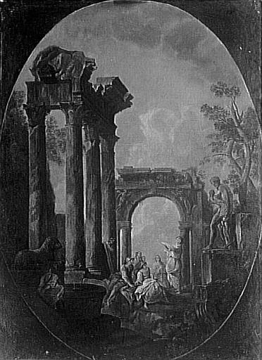 RUINES ROMAINES AVEC FIGURES ; RUINES D'UN TEMPLE AVEC DES FIGURES DONT UNE DE GUERRIER (ANCIEN TITRE) ; GRANDE RUINE D'UN TEMPLE AVEC DES FIGURES DONT UNE EST ARMEE (ANCIEN TITRE) ; PORTIQUE : RUINES D'UN TEMPLE (ANCIEN TITRE); PAYSAGE AVEC FIGURES (ANCIEN TITRE) ; RUINES ROMAINES AVEC UN PREDICATEUR (SAINT PAUL ?) (ANCIEN TITRE)_0