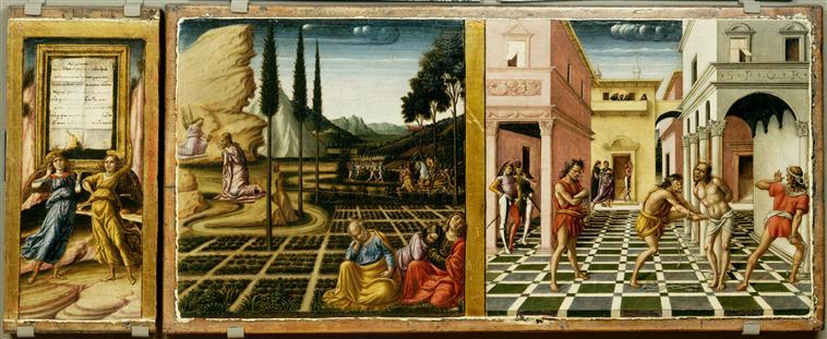 Deux anges portant un cartouche ; Le Christ au jardin des oliviers et la Flagellation ; Le Portement de Croix ; La Crucifixion ; Joseph d'Arimathie et Nicodème sur le chemin du Calvaire_0