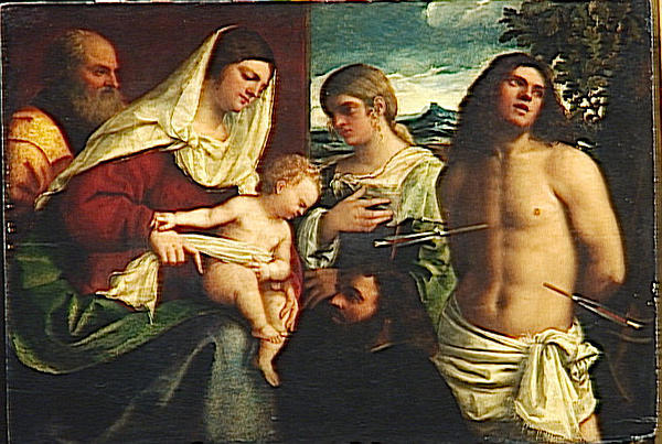 SAINTE CONVERSATION.SAINTE FAMILLE AVEC SAINTE CATHERINE, SAINT SEBASTIEN ET UN DONATEUR_0