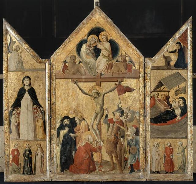 Triptyque ; panneau central : Le couronnement de la Vierge ; la Crucifixion ; volet gauche : L'ange de l'Annonciation ; la Vierge de miséricorde ; sainte Marguerite, sainte Catherine et une sainte (Lucie?) ; volet droit : la Vierge de l'Annonciation ; la Nativité ; trois saints martyrs_0