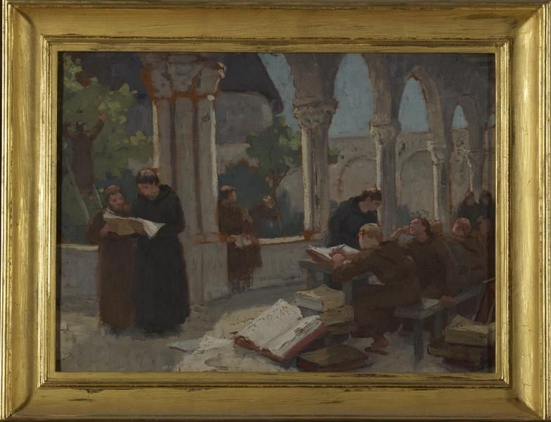 BENEDICTINS ECRIVANT DANS UN CLOITRE, Paul Albert Baudouin, 2e moitié 19e siècle