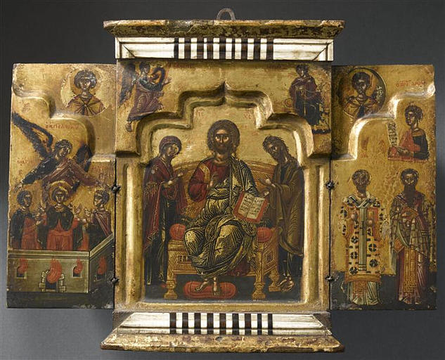 LA DEISIS (CENTRE) ; L'ANNONCIATION (AU DESSUS) ; LES TROIS ADOLESCENTS DANS LA FOURNAISE (VOLET GAUCHE) ; SAINT GEORGES MARTYR (AU DESSUS, DANS UN MEDAILLON) ; SAINT JEAN CHRYSOSTOME ET SAINT BASILE (VOLET DROIT) ; LE PROPHETE DANIEL (AU DESSUS) ; SAINT DEMETRIOS (AU DESSUS DANS UN MEDAILLON)_0