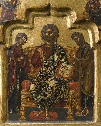 LA DEISIS (CENTRE) ; L'ANNONCIATION (AU DESSUS) ; LES TROIS ADOLESCENTS DANS LA FOURNAISE (VOLET GAUCHE) ; SAINT GEORGES MARTYR (AU DESSUS, DANS UN MEDAILLON) ; SAINT JEAN CHRYSOSTOME ET SAINT BASILE (VOLET DROIT) ; LE PROPHETE DANIEL (AU DESSUS) ; SAINT DEMETRIOS (AU DESSUS DANS UN MEDAILLON)_1