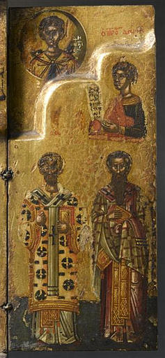 LA DEISIS (CENTRE) ; L'ANNONCIATION (AU DESSUS) ; LES TROIS ADOLESCENTS DANS LA FOURNAISE (VOLET GAUCHE) ; SAINT GEORGES MARTYR (AU DESSUS, DANS UN MEDAILLON) ; SAINT JEAN CHRYSOSTOME ET SAINT BASILE (VOLET DROIT) ; LE PROPHETE DANIEL (AU DESSUS) ; SAINT DEMETRIOS (AU DESSUS DANS UN MEDAILLON)_3