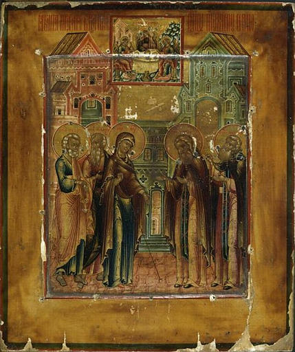 L'APPARITION DE LA VIERGE ACCOMPAGNEE DES SAINTS APOTRES JEAN ET PIERRE, A SAINT SERGE DE RADONEGE ET SON DISCIPLE MICHEE_0