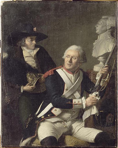 La Tour d'Auvergne en Grenadier assis devant le buste de La Fayette prépare le fusil qu'il va porter en remplacement du fils malade de son ami et compatriote l'historien breton Brigand_0