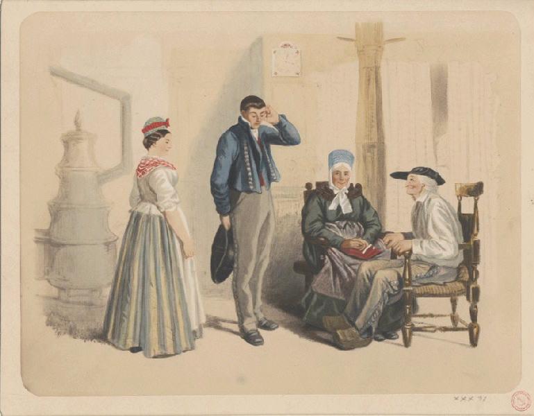 Scène de demande en mariage en Alsace ; Photographie coloriée à la main par l'artiste_0