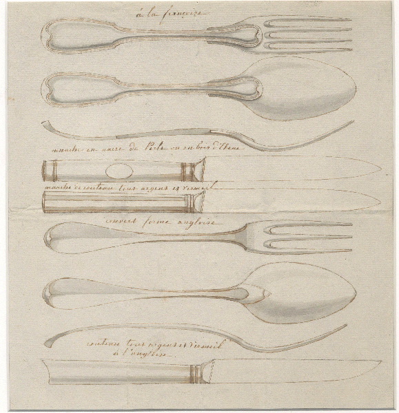 Ensemble de couverts et couteau ; Dessin de couverts (à la française et à l'anglaise et de trois couteaux) ; Dessin d'orfèvrerie (à la française et à l'anglaise et de trois couteaux)_0