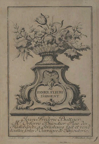 Etiquette de firme d'orfèvre ; Jean-Frédéric Büttner (M. Orfevre Bijoutier Rue des Hallebardes a Strasbourg fait et vend touttes sortes d'ouvrages de Bijouterie)_2