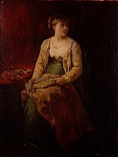 Jeune Paysanne cousant ; Nähendes Bauernmädchen (Traduction) ; Alsacienne au bonnet doré (Ancien titre donné par l'artiste), Gustave Adolphe Jundt, 1885