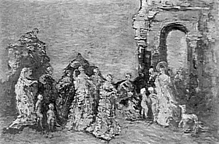 Femmes et enfants dans un paysage d'arbres et d'architecture, Adolphe Joseph Monticelli, 1900 vers