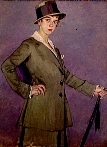 Etude de femme ; Miss Mary in olivgrünen Strassenkostüm mit Hut (Titre attribué)_0