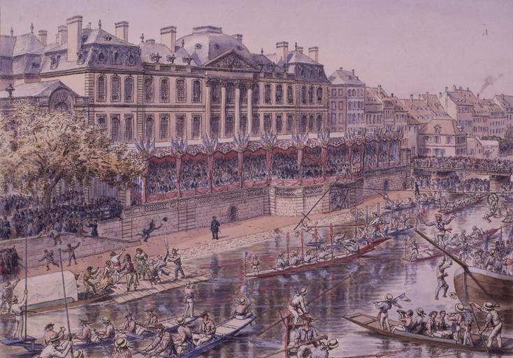 Joute nautique devant le Palais Rohan de Strasbourg, Emile Schweitzer, 2e moitié 19e siècle, 1er quart 20e siècle