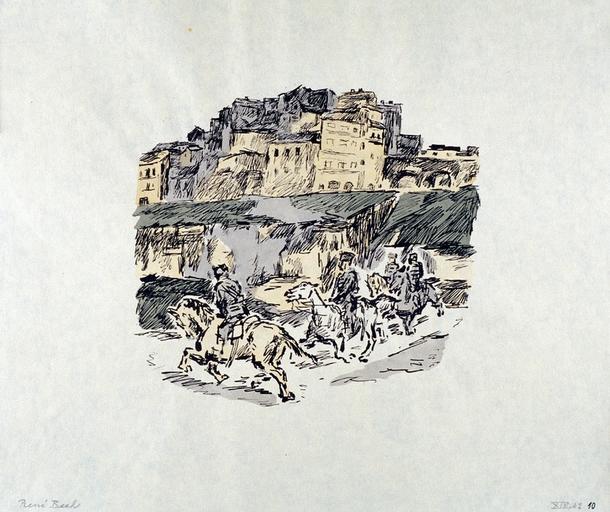Galoppierende Reiter vor einer Stadt_0