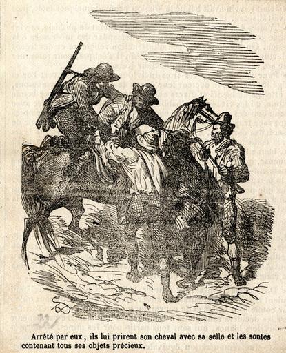 'Arrêté par eux, ils lui prirent son cheval avec sa selle et les soutes contenant tous ses objets précieux', p. 57_0