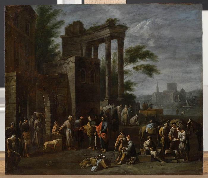 Scène de la vie du Christ ; Vocation de saint Mathieu ; Péage à la porte d'une ville (ancien titre), Cornelis de Wael, 17e siècle