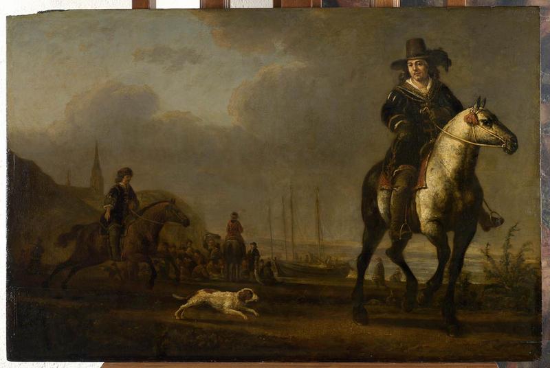 Paysage aux cavaliers au bord de la mer ; Cavaliers au bord de la Meuse (ancien titre), Abraham van Calraet, 17e siècle
