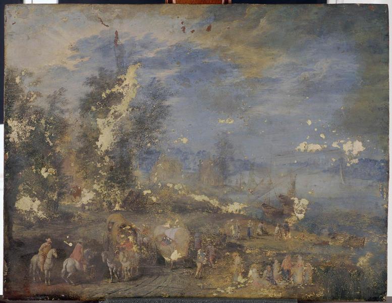 Paysage fluvial avec cavaliers, villageois et pêcheurs, Jan I Brueghel, 17e siècle