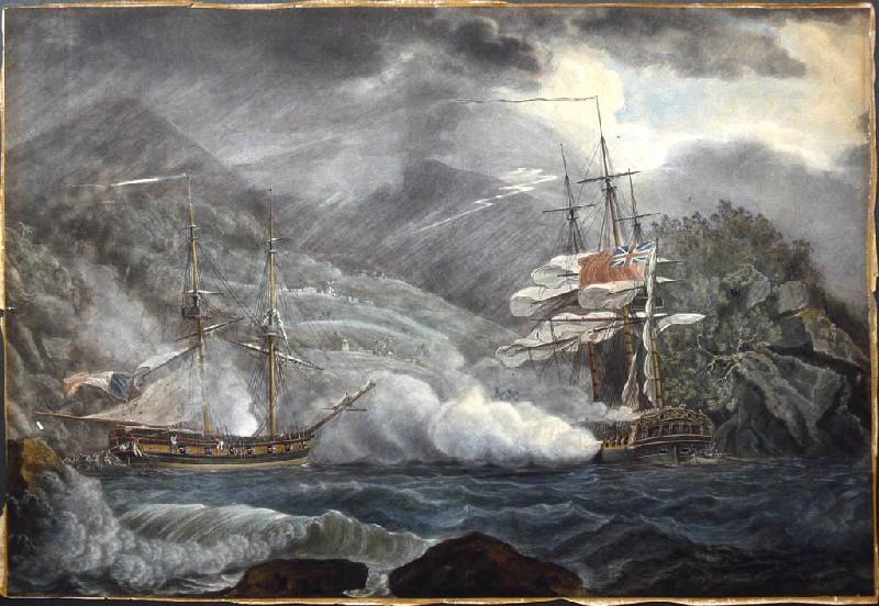Combat du navire français 'Brutus' contre la corvette anglaise 'la Mermaid' à la Grenade en 1795, Nicholas Pocock, 4e quart 18e siècle, 1er quart 19e siècle