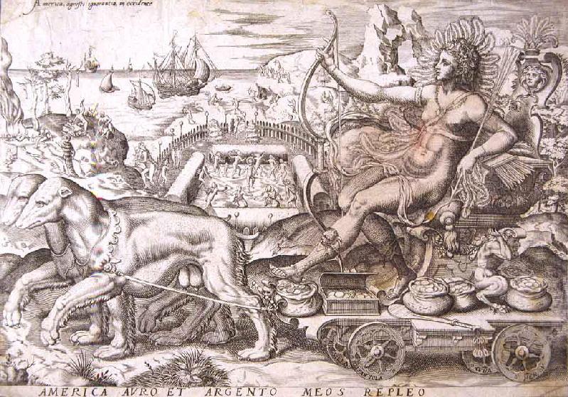 America auro et argento meos repleo ; America, agresti ignorantia, in Occidente, Gérard Van Groeningen, 1590
