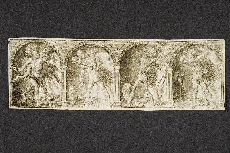 Guerriers cannibales avec diadèmes et roues à plumes, maracas, boucliers et massues de diverses provenances, Antoine Jacquard, 1620