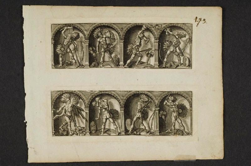 Guerriers cannibales brandissant des membres et têtes humaines [suivi de] Guerriers cannibales avec diadèmes et roues à plumes, maracas, boucliers et massues de diverses provenances, Antoine Jacquard, 1620