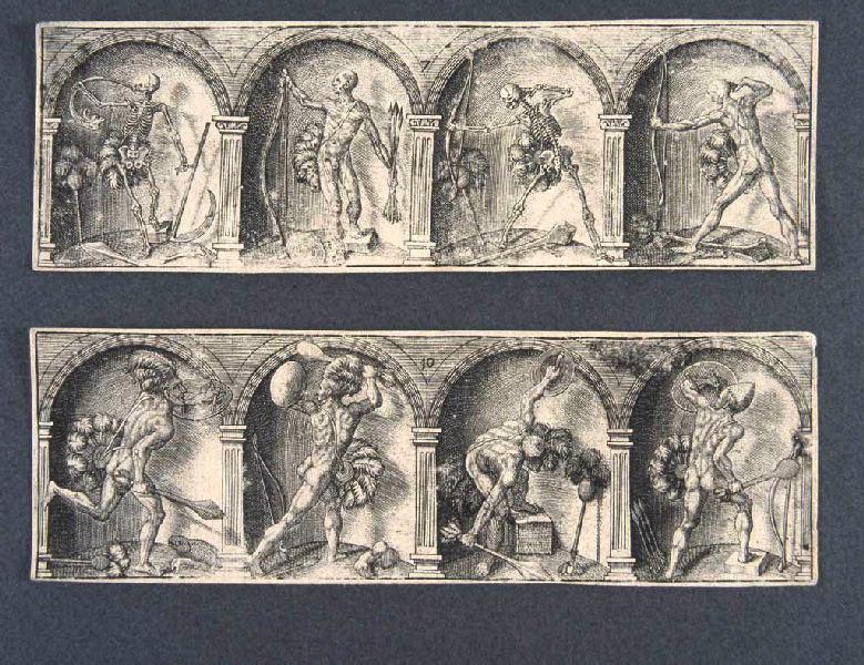 Guerriers avec diadèmes, roues à plumes, armés de boucliers, maracas et diverses massues, Antoine Jacquard, 1620