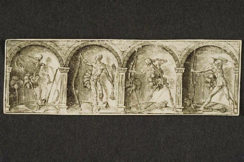 Deux squelettes et deux archers portant des roues à plumes, et armés, Antoine Jacquard, 1620