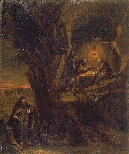 Colloque de moines dans une grotte, Jacob Van Spreeuwen, 2e quart 17e siècle