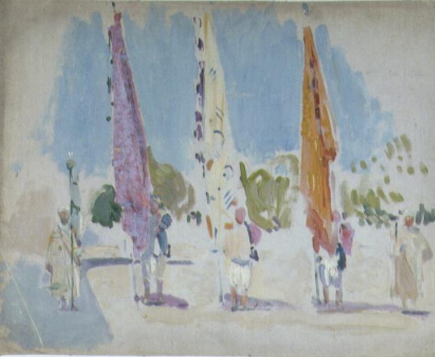 HOMMAGE DE LA JEUNESSE DE LA FRANCE A LA STATUE DE JULES FERRY : PERSONNAGES TENANT DES DRAPEAUX_0