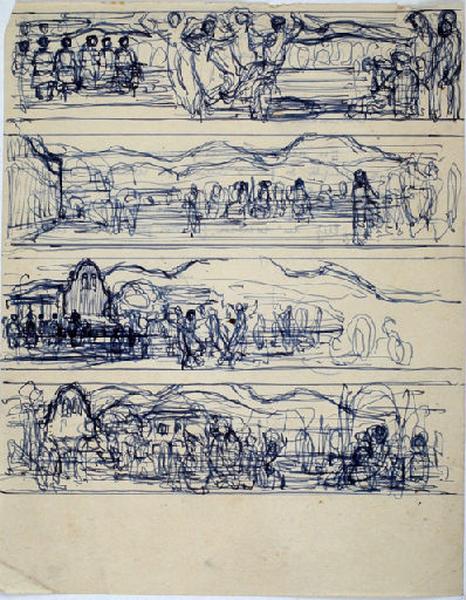 Quatre scènes de pelote basque dessinées en frise_0