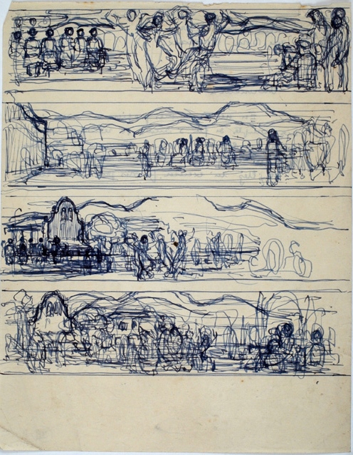 Quatre scènes de pelote basque dessinées en frise_0