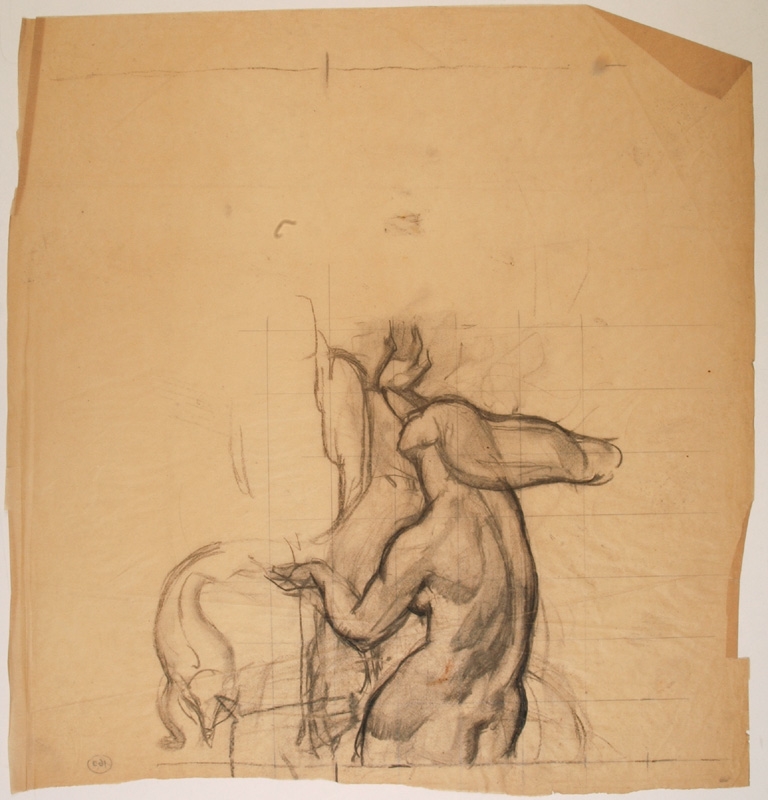 Étude de nu féminin au pied du personnage masculin central dans la fresque du Pin des Landes, Pierre-Albert Bégaud, 20e siècle