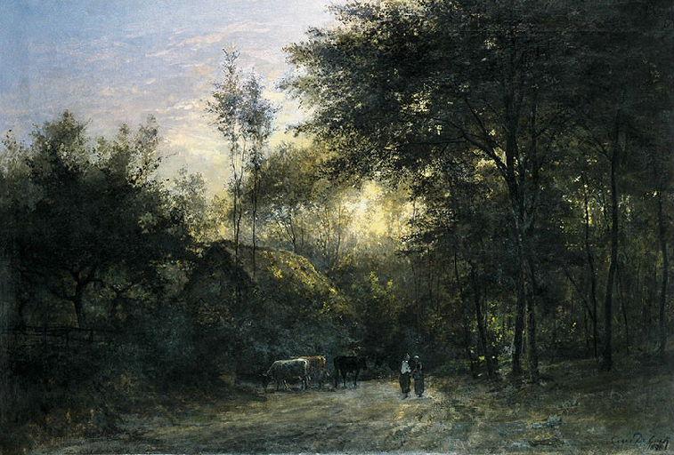 Un soleil couchant dans le bois, César De Cock, 1872