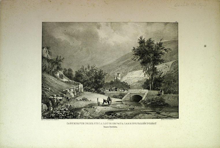 Castets, vue prise sur la route de Pau à Larruns, vallée d'Ossau, Louis-Julien Jacottet, 1835,1836