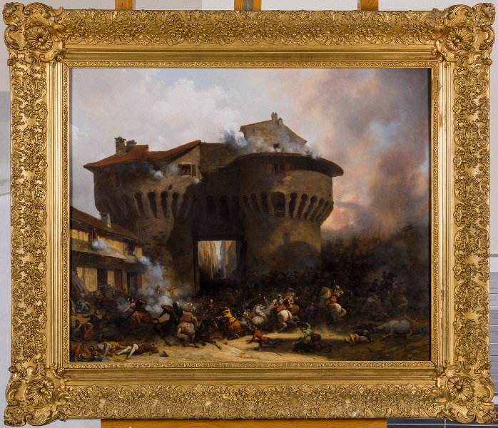 Combat à la Porte Panessac en 1562 ; La porte attaquée par les huguenots, Julien Michel Gué, 1833